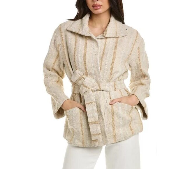 Faherty Womens June Lake Tie Belt Tweed Textured Jacket Sand Dune Brown Medium